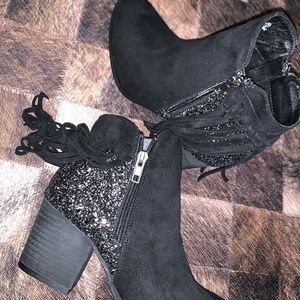 Black sequin fringe heeled booties